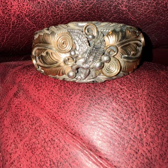 CHEE Native American Navajo Sterling Silver & Gold Appliques Eagle Cuff Bracelet - Picture 2 of 16